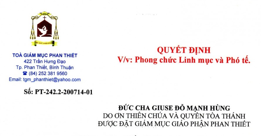 Quyết định phong chức Linh mục và Phó tế năm 2020